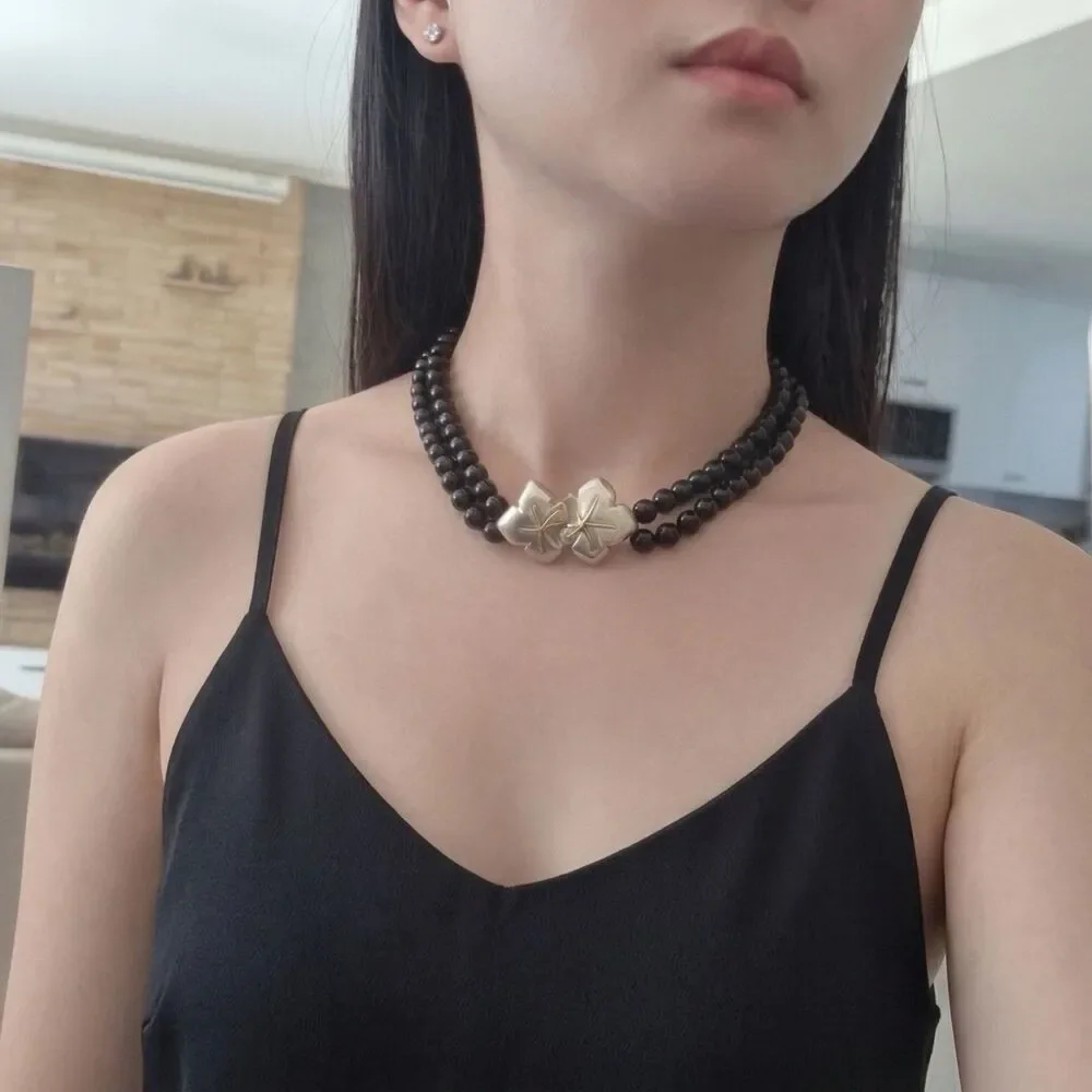 RARE Vintage Tiffany & Co. Black Onyx Bead Starfish 18K Gold Silver Necklace